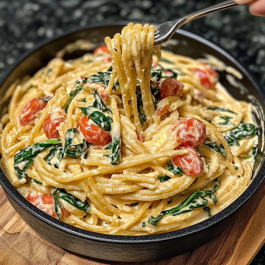 One-Pot Pasta mit Tomaten & Spinat